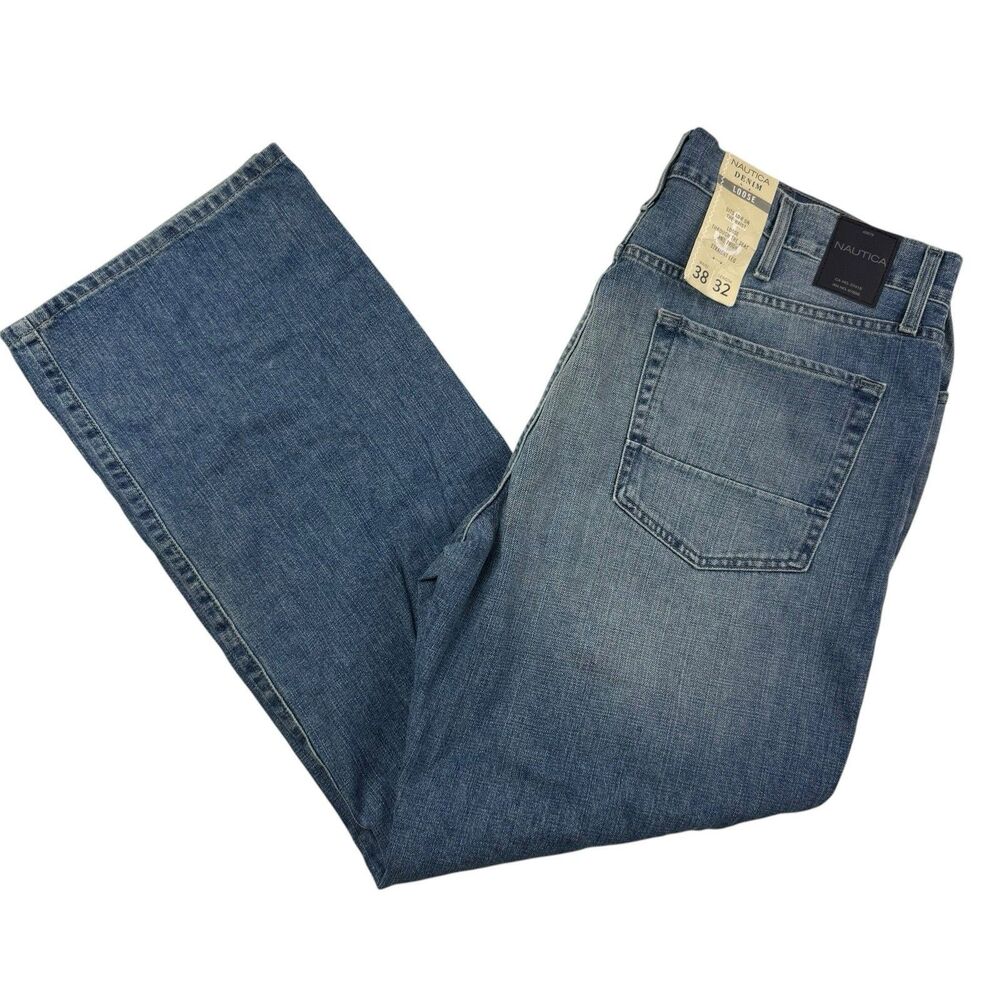 Nautica NEW Loose Fit Straight Leg Jeans Men 38x32 Factory Distressed Vintage